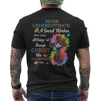 Never Underestimate A Social Worker Who Through Christ Men's T-shirt Back Print | Mazezy