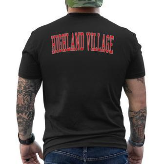 Vintage Highland Village Tx Distressed Red Varsity Style Men's T-shirt Back Print | Mazezy