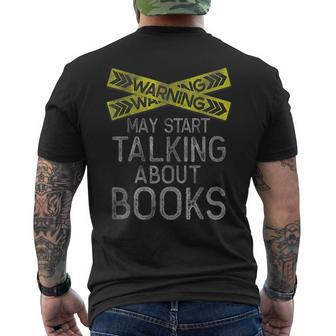 Warning May Start Talking About Books Funny Book Lover Mens Back Print T-shirt | Mazezy