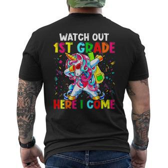 Watch Out 1St Grade Here I Come Unicorn Back To School Girls Mens Back Print T-shirt | Mazezy