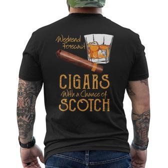 Weekend Forecast Cigars Chance Of Bourbon Fathers Day Gift Cigars Funny Gifts Mens Back Print T-shirt | Mazezy