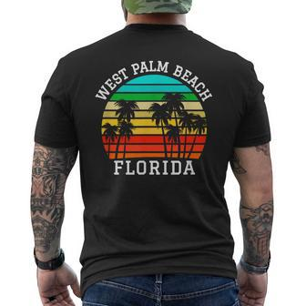 West Palm Beach Florida Retro Sunset Palm Trees Men's T-shirt Back Print | Mazezy