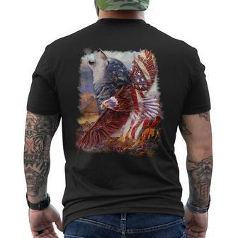 Wolf With Bald Eagle American Flag Mens Back Print T-shirt | Mazezy