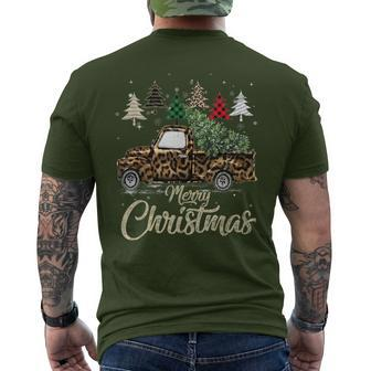 Buffalo Plaid Christmas Tree Red Truck With Leopard Print Men's T-shirt Back Print | Mazezy