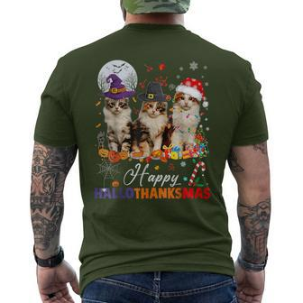 Cat Halloween Christmas Happy Hallothanksmas Thanksgiving Men's T-shirt Back Print | Mazezy