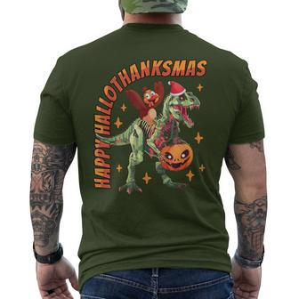 Happy Hallothanksmas T-Rex Halloween Thanksgiving Christmas Men's T-shirt Back Print - Monsterry CA