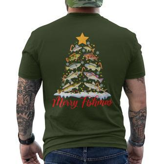 Merry Fishmas Christmas Tree Lights Fish Fishing Rod Men's T-shirt Back Print - Seseable