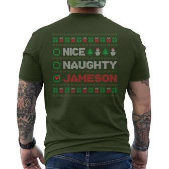 Nice Naughty Jameson Christmas List Ugly Sweater Men's T-shirt Back Print | Mazezy