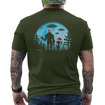 Santa Bigfoot And Alien Ufo Night Forest Christmas Sasquatch Men's T-shirt Back Print - Seseable