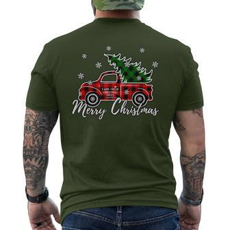 Vintage Red Plaid Truck Merry Christmas Snow Farm Fresh Tree Men's T-shirt Back Print | Mazezy