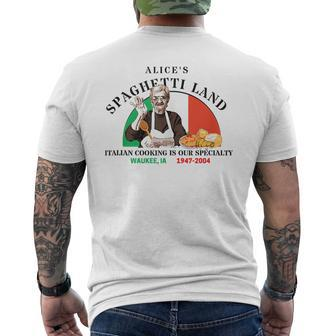 Alices Spaghetti Land Waukee Iowa Italian Restaurant Mens Back Print T-shirt | Mazezy
