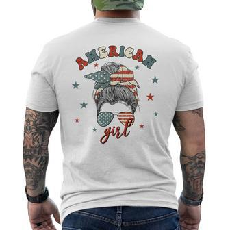 American-Girl Messy Bun 4Th Of July Patriotic Usa Mom Women Mens Back Print T-shirt | Mazezy