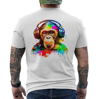 Chimpanzee With Headphones Mens Back Print T-shirt | Mazezy