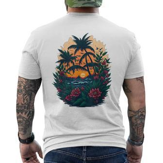 Cute Mountain Sunset Palm Trees Ocean Graphic Men's Crewneck Short Sleeve Back Print T-shirt - Monsterry AU