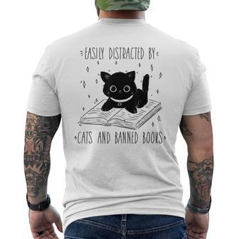 Easily Distracted By Cats And Banned Books Cat & Book Lover Mens Back Print T-shirt | Mazezy