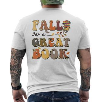 Fall For A Great Book Retro Leopard Autumn Thanksgiving Thanksgiving Funny Gifts Mens Back Print T-shirt | Mazezy