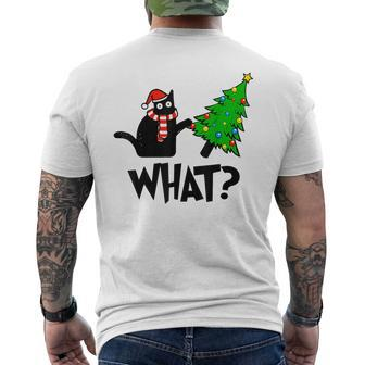 Black Cat Pushing Christmas Tree Over Cat What Men's T-shirt Back Print - Monsterry UK
