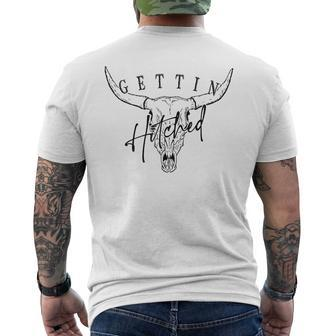 Getting Hitched Rowdy Cow Skull Western Bachelorette Bride Men's T-shirt Back Print - Seseable