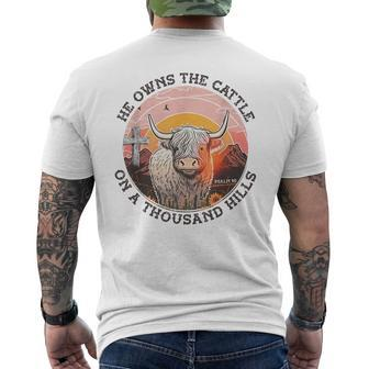 He Owns The Cattle On A Thousand Hills Psalm 50 Vintage Cow Mens Back Print T-shirt | Mazezy