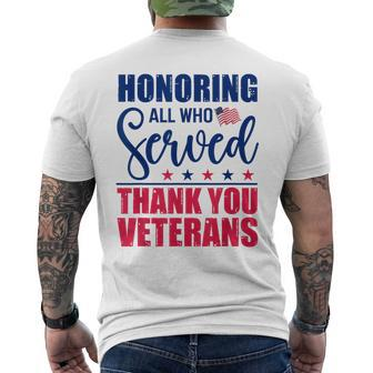 Honoring All Who Served Thank You Veterans Day American Flag Men's T-shirt Back Print | Mazezy