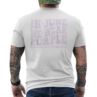 In June We Wear Purple Alzheimers Awareness Groovy & Wavy Mens Back Print T-shirt | Mazezy