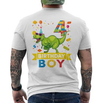 Kids 4 Year Old Dinosaur Building Blocks 4Th Birthday Boy Mens Back Print T-shirt - Seseable