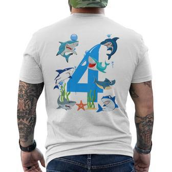 Kids 4 Years Old Shark Ocean-Theme Party 4Th Birthday Boy Mens Back Print T-shirt | Mazezy