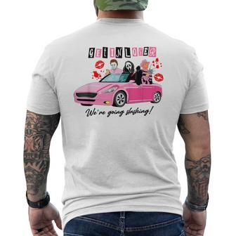 Get In Loser We're Going Slashing Pink Car Horror Character Men's T-shirt Back Print - Monsterry AU