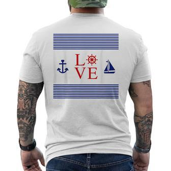 Nautical Love With Anchor Wheel Sailboat Mens Back Print T-shirt | Mazezy