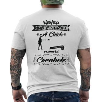 Never Underestimate A Chick Playing Cornhole Mens Back Print T-shirt - Seseable