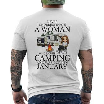 Never Underestimate A Woman Who Love Camping Born In January Mens Back Print T-shirt - Seseable