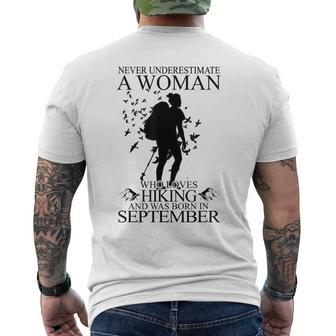 Never Underestimate A Woman Who Loves Hiking September Mens Back Print T-shirt - Seseable