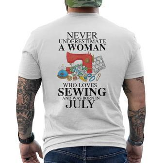Never Underestimate A Woman Who Loves Sewing Was Born In Mens Back Print T-shirt - Seseable