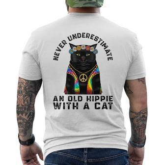 Never Underestimate An Old Hippie With A Cat Funny Vintage Mens Back Print T-shirt | Mazezy