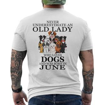 Never Underestimate An Old Lady Who Loves Dogs June Mens Back Print T-shirt - Seseable