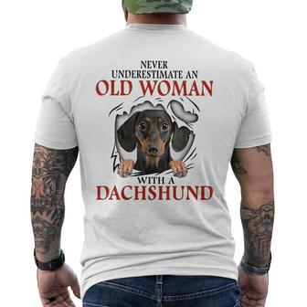 Never Underestimate An Old Woman With A Dachshund Mens Back Print T-shirt - Seseable