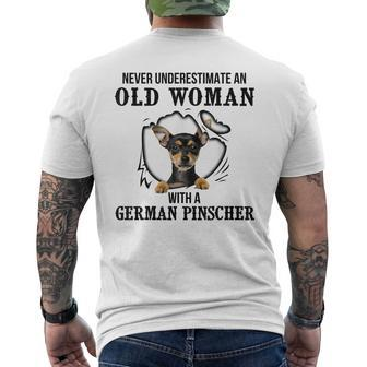 Never Underestimate An Old Woman With A German Pinscher Old Woman Funny Gifts Mens Back Print T-shirt | Mazezy