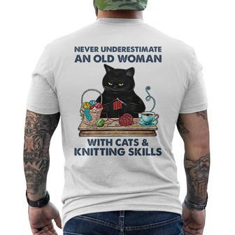 Never Underestimate And Old Woman With Cats And Knitting Mens Back Print T-shirt - Seseable