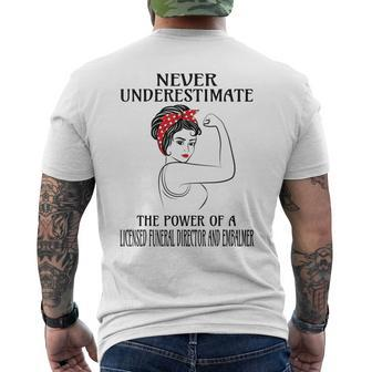 Never Underestimate Licensed Funeral Director And Embalmer Mens Back Print T-shirt | Mazezy