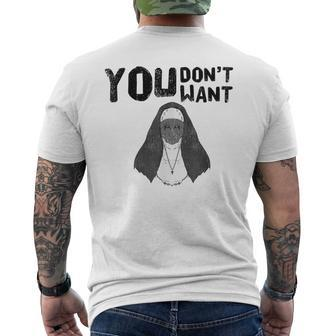 Nun Pun Halloween Funny Catholic Black Religion Meme Gift Mens Back Print T-shirt | Mazezy