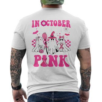 In October We Wear Pink Breast Cancer Ghosts Halloween Men's T-shirt Back Print | Mazezy