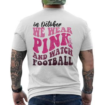 In October We Wear Pink Football Pumpkin Breast Cancer Men's T-shirt Back Print - Seseable