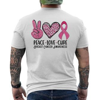 Peace Love Cure Breast Cancer Awareness Warrior Pink Ribbon Men's T-shirt Back Print - Monsterry