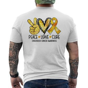 Peace Love Cure Childhood Cancer Awareness Gold Ribbon Men's T-shirt Back Print | Mazezy