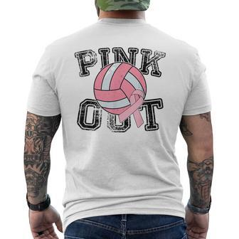 Pink Out Breast Cancer Awareness Pink Ribbon Volleyball Men's T-shirt Back Print - Seseable