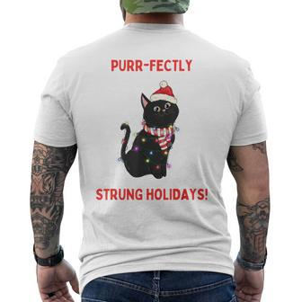 Purr-Fectly Strung Holidays Black Cat Wrapped In Lights Men's T-shirt Back Print | Mazezy