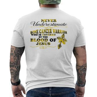 Never Underestimate Bone Cancer Warrior Covered Blood Jesus Men's T-shirt Back Print | Mazezy