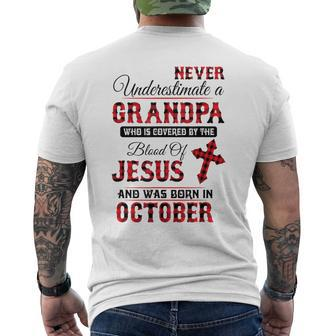 Never Underestimate An October Grandpa The Blood Of Jesus Men's T-shirt Back Print - Monsterry