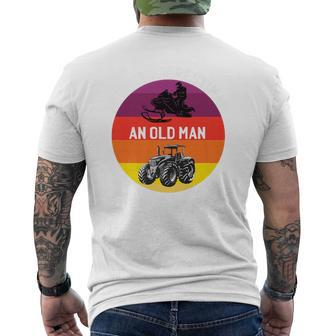 Never Underestimate An Old Man With A Snowmobile Tractor Men's T-shirt Back Print - Seseable