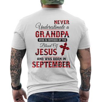 Never Underestimate A September Grandpa The Blood Of Jesus Men's T-shirt Back Print - Monsterry AU